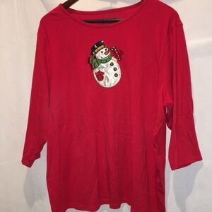 Coral Bay Festive Red Holiday Top With Snowman Appliqué | Christmas Red